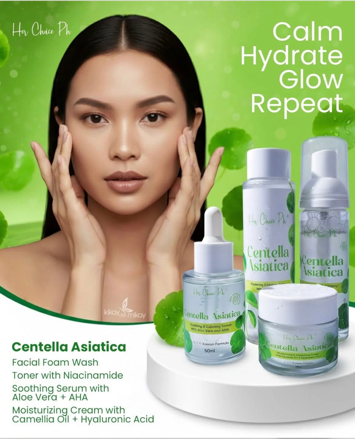 Her Choice PH Centella Asiatica Premium Repair Skincare Set - Facial Foam Wash. Hydrating Toner. Soothing Serum & Moisturizing with Camellia oil. Aloe Vera. Niacinamide & Hyaluronic Acid- korean Formula