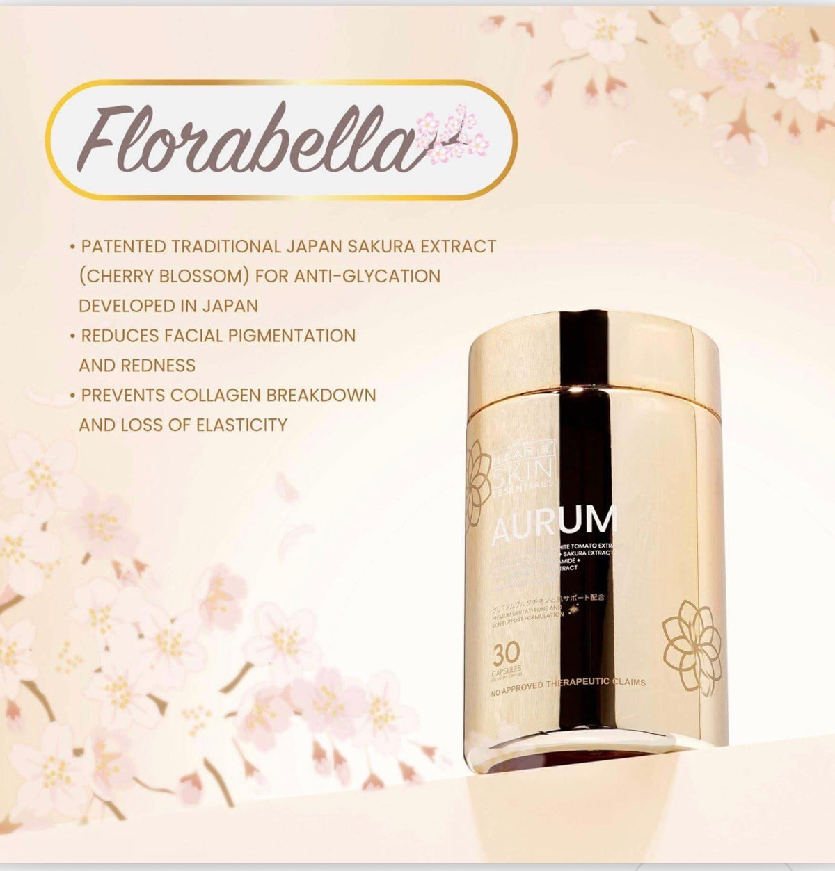 Hikari skin essentials AURUM S-Acetyl Glutathione Antioxidant complex with Sakura. White tomato & ceramide- Skin Support Supplement -60 Caps