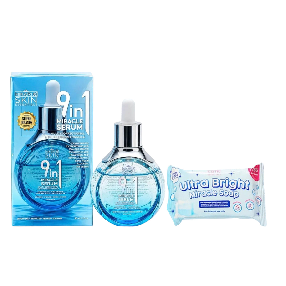 HIKARI SKIN ESSENTIALS - 9in1 Miracle Serum & UltraBright Miracle soap 75g - Bundle